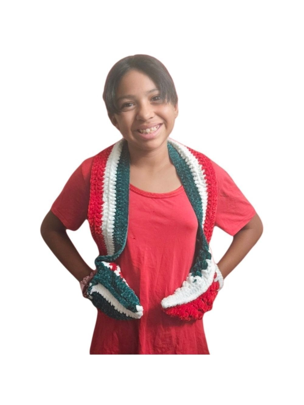 Handmade Hand Knit Crochet Holiday Scarf Red White Green Chenille Multiway Wrap